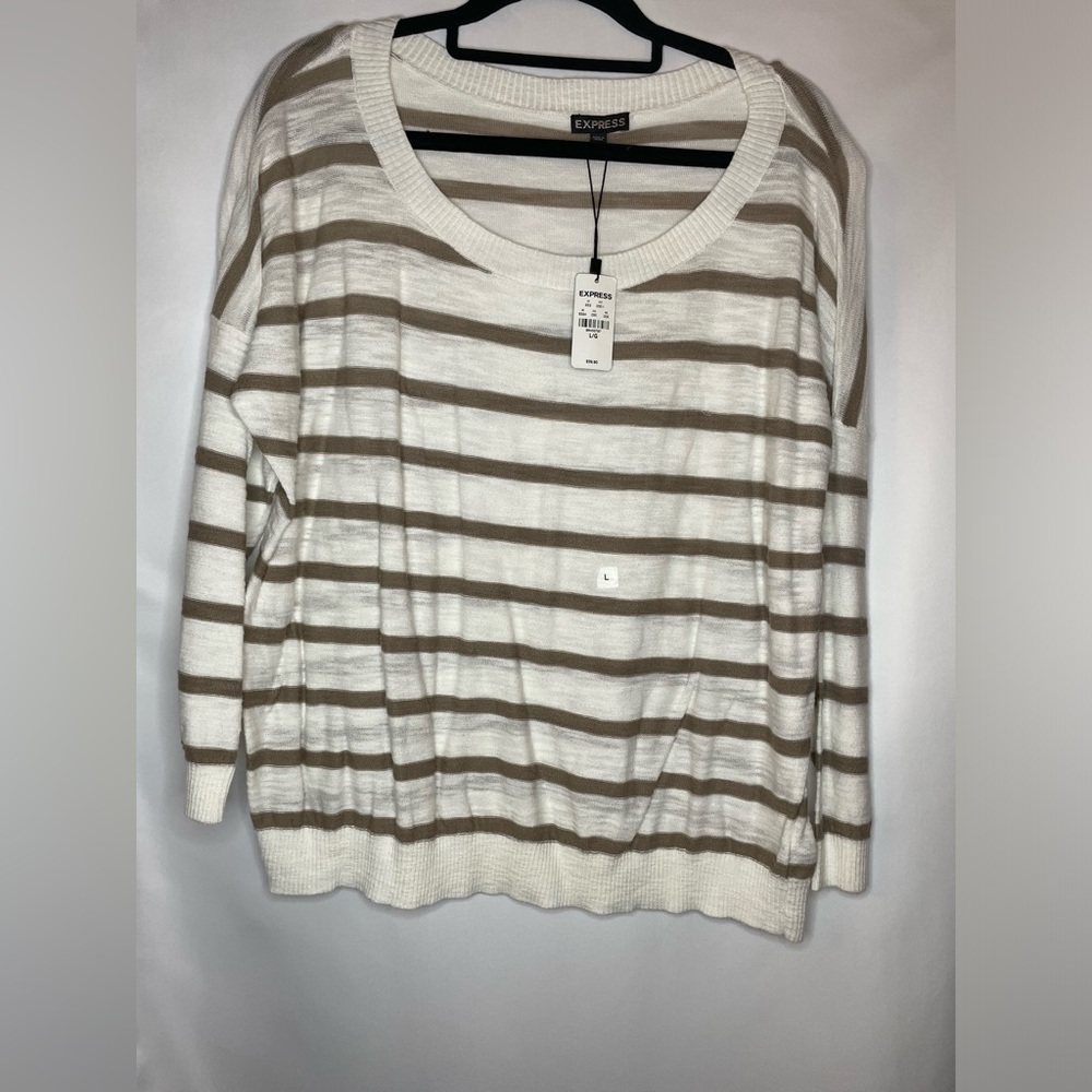 Express lightweight Striped Sweater Large White/tan